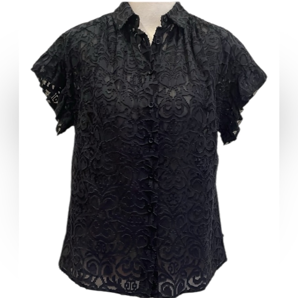 Go by Go Silk Ruffle Cap Sleeve Silk Cotton Blouse Button Down Size XS